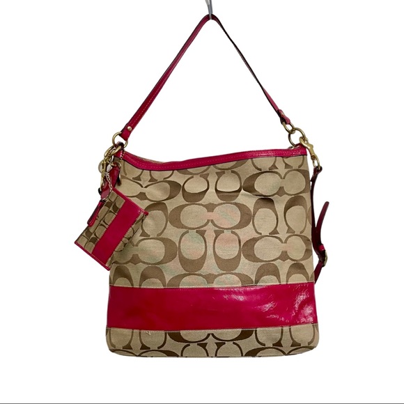 Coach Handbags - PURSE AND WALLET: COACH 2-Way Signature Khaki & Pink File Bag & Keychain Wallet